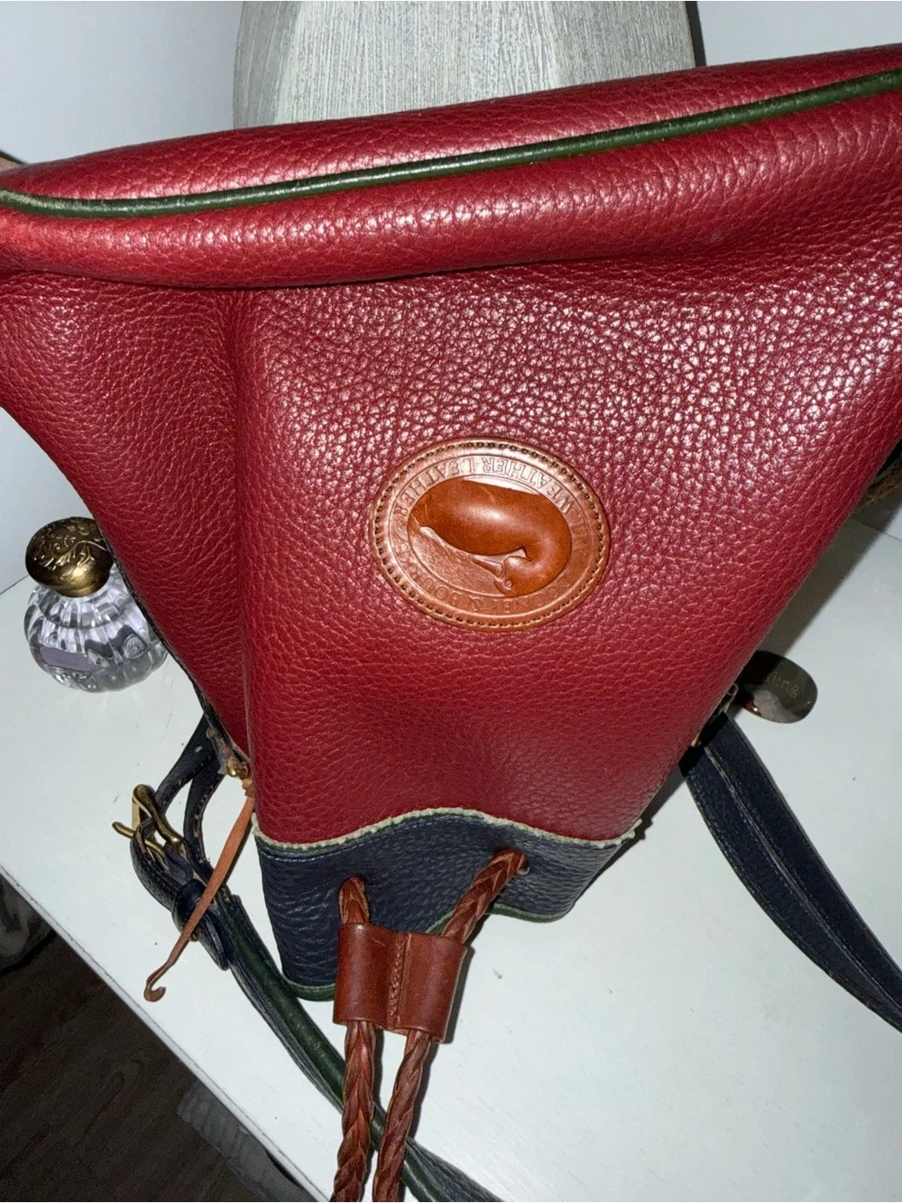 Very RARE Dooney & Bourke Burgundy Bucket Bag with Green Trim and Brown Accents